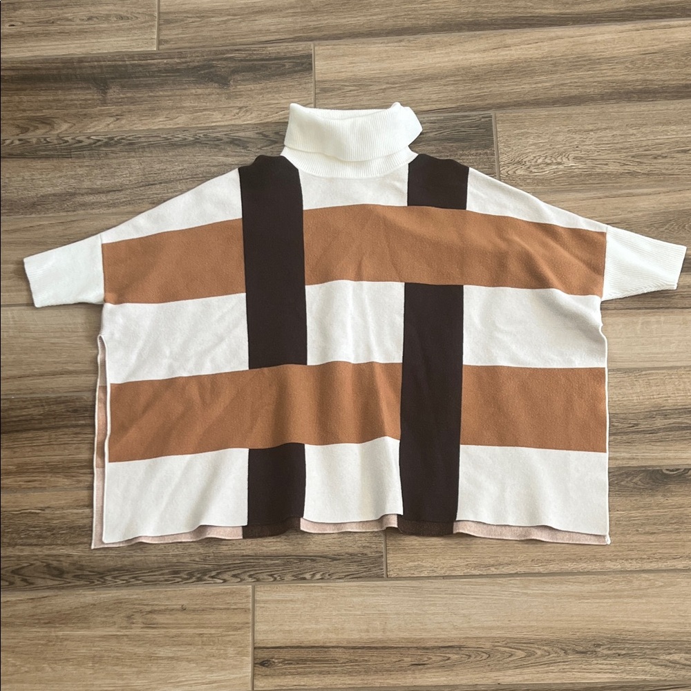 Anthropologie Cream and Tan Knit Poncho EUC